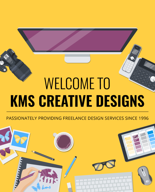 KMS Creative Designs freelance graphic designer desk mobile